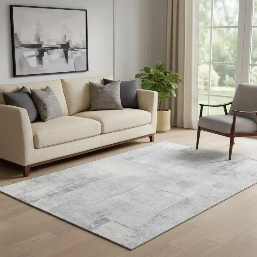 Gray Silver And Ivory Geometric Washable Area Rug With UV Protection Photo 2