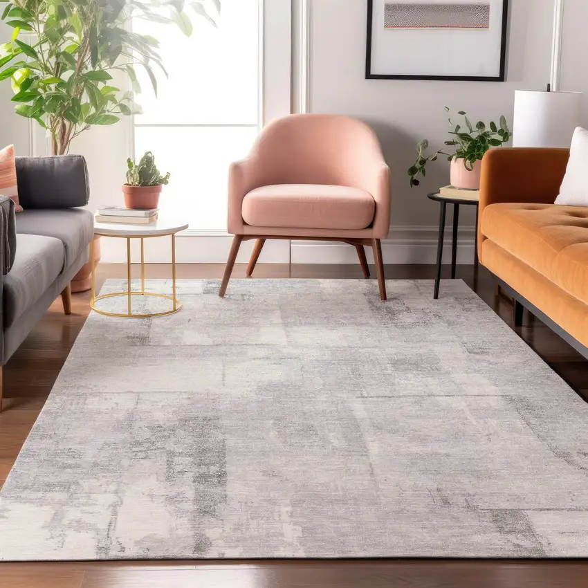 Gray Silver And Ivory Geometric Washable Area Rug With UV Protection Photo 5