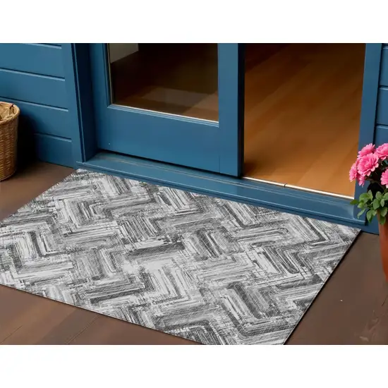 Gray Silver And Ivory Geometric Washable Indoor Outdoor Area Rug Photo 1