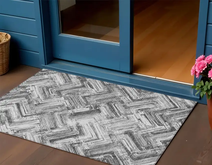 Gray Silver And Ivory Geometric Washable Indoor Outdoor Area Rug Photo 1