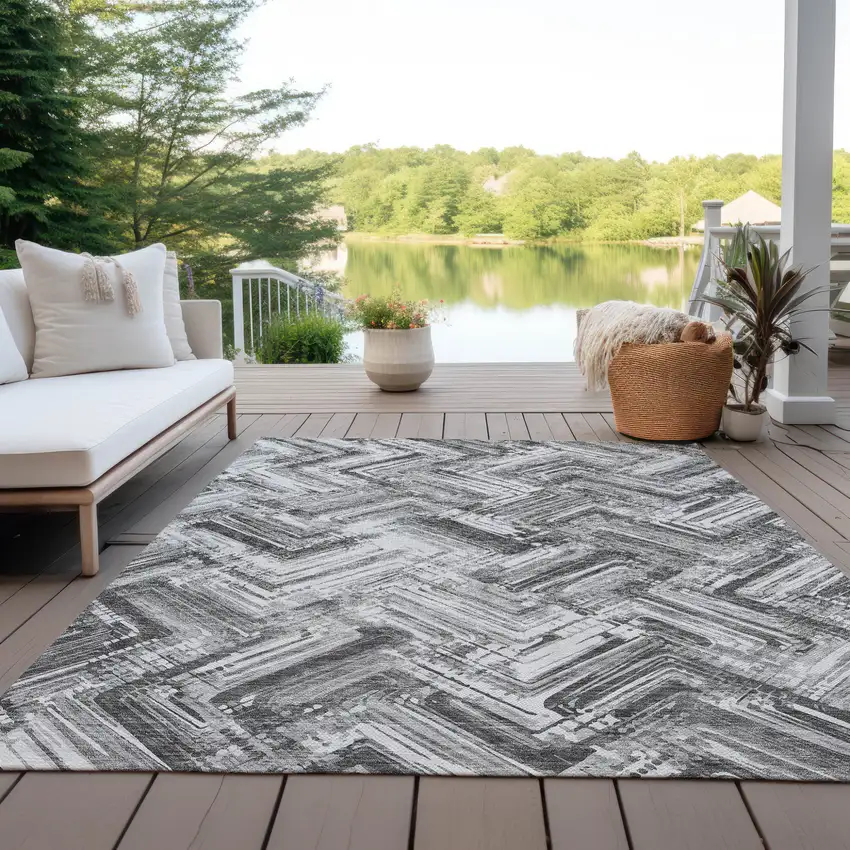 Gray Silver And Ivory Geometric Washable Indoor Outdoor Area Rug Photo 9