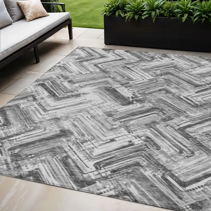 Gray Silver And Ivory Geometric Washable Indoor Outdoor Area Rug Photo 1