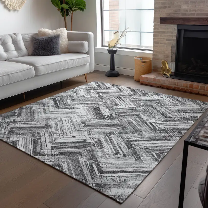 Gray Silver And Ivory Geometric Washable Indoor Outdoor Area Rug Photo 8