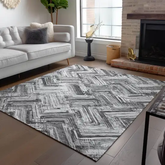 Gray Silver And Ivory Geometric Washable Indoor Outdoor Area Rug Photo 8