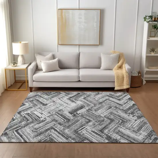 Gray Silver And Ivory Geometric Washable Indoor Outdoor Area Rug Photo 7