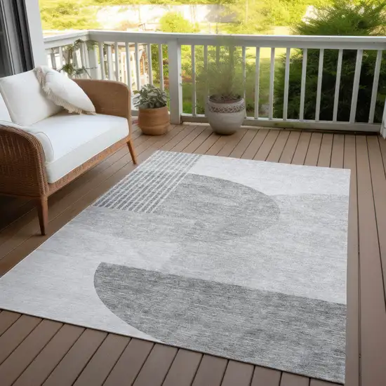 Gray Silver And Ivory Geometric Washable Indoor Outdoor Area Rug Photo 9