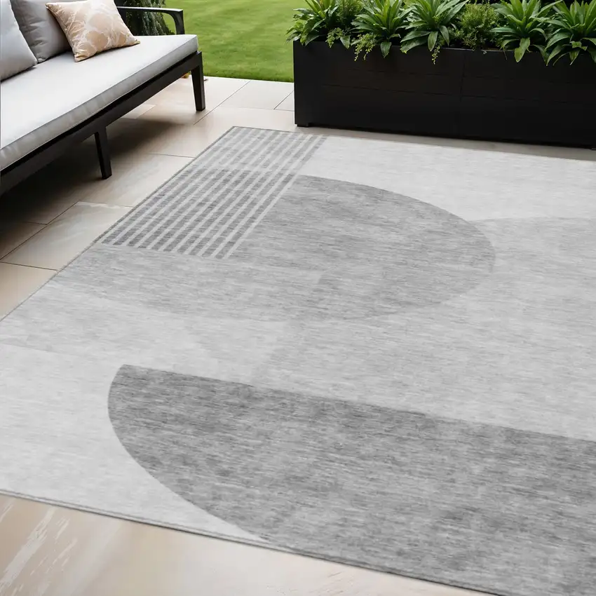 Gray Silver And Ivory Geometric Washable Indoor Outdoor Area Rug Photo 1