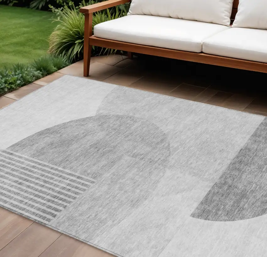 Gray Silver And Ivory Geometric Washable Indoor Outdoor Area Rug Photo 1