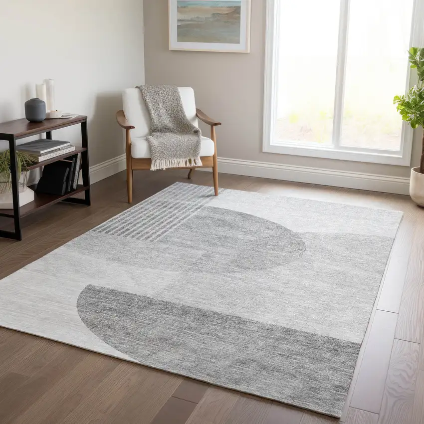 Gray Silver And Ivory Geometric Washable Indoor Outdoor Area Rug Photo 9
