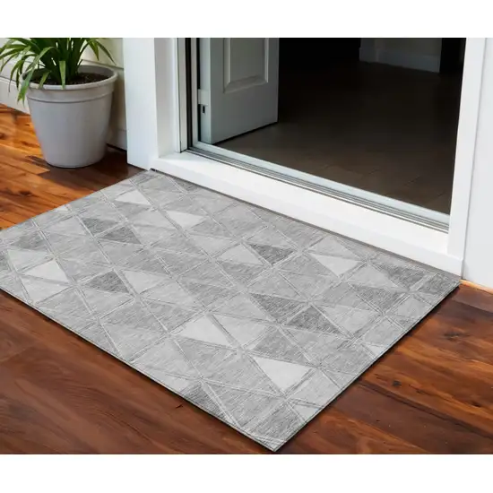 Gray Silver And Ivory Geometric Washable Indoor Outdoor Area Rug Photo 1