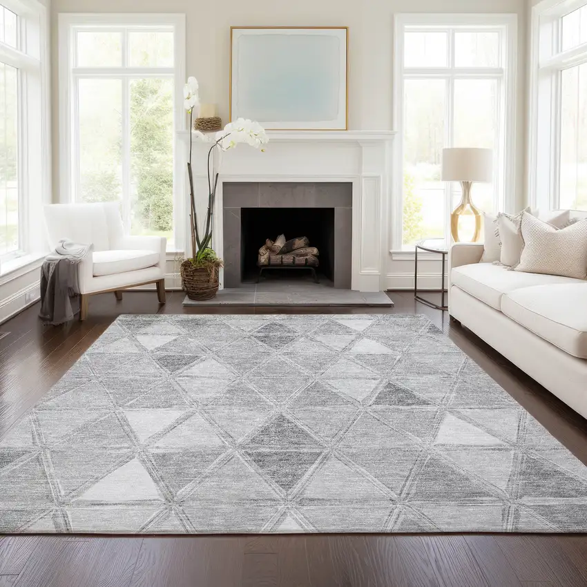 Gray Silver And Ivory Geometric Washable Indoor Outdoor Area Rug Photo 8