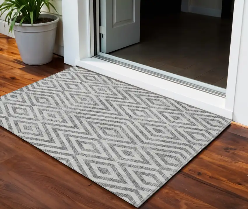 Gray Silver And Ivory Geometric Washable Indoor Outdoor Area Rug Photo 1