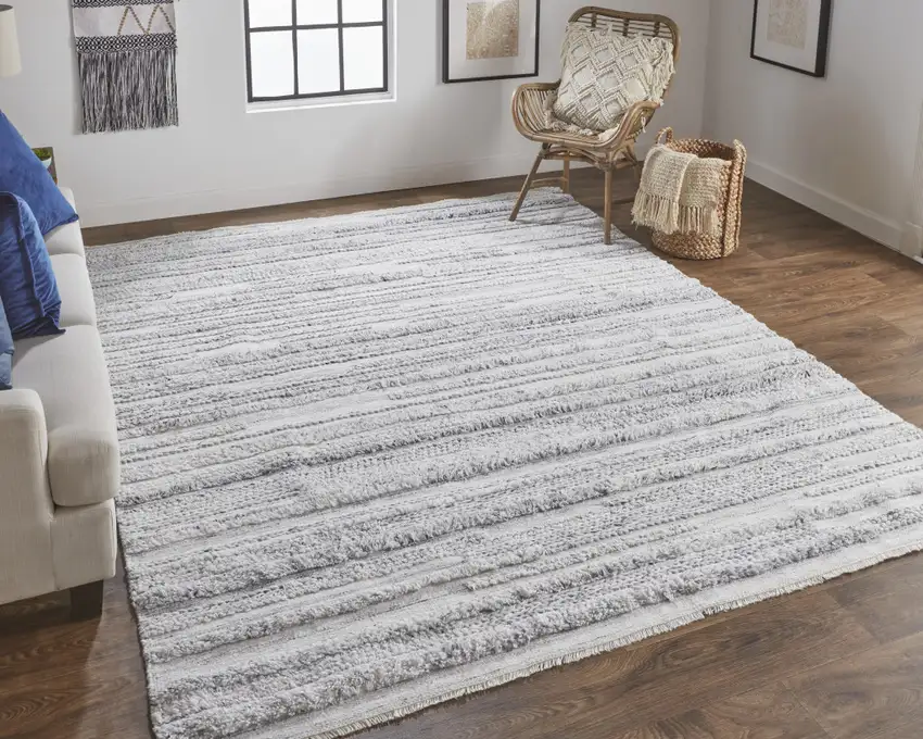 Gray Silver And Ivory Striped Hand Woven Stain Resistant Area Rug Photo 6