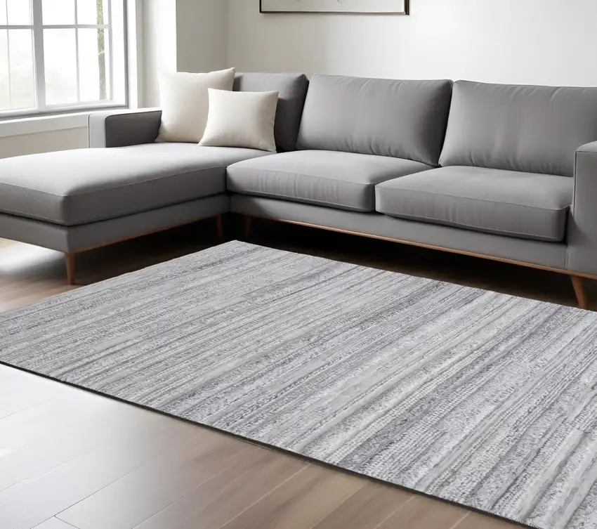 Gray and Ivory Striped Hand Woven Area Rug Photo 1
