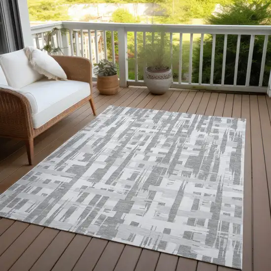 Gray Silver And Ivory Striped Washable Indoor Outdoor Area Rug Photo 5