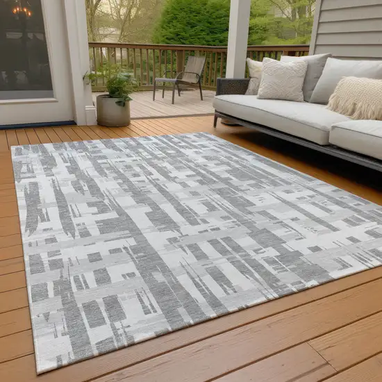 Gray Silver And Ivory Striped Washable Indoor Outdoor Area Rug Photo 8