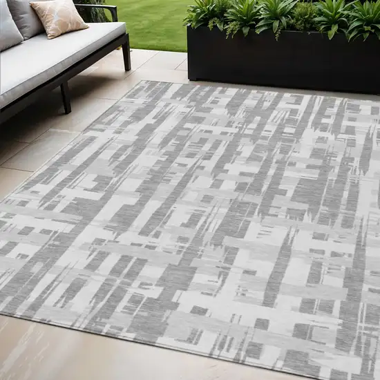 Gray Silver And Ivory Striped Washable Indoor Outdoor Area Rug Photo 2
