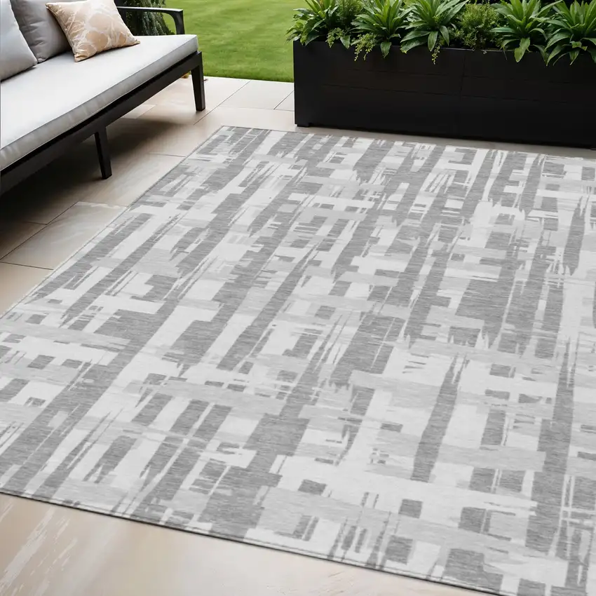 Gray Silver And Ivory Striped Washable Indoor Outdoor Area Rug Photo 2