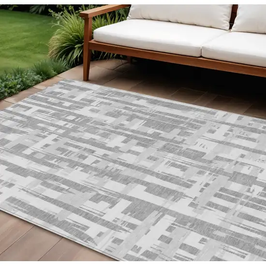 Gray Silver And Ivory Striped Washable Indoor Outdoor Area Rug Photo 2