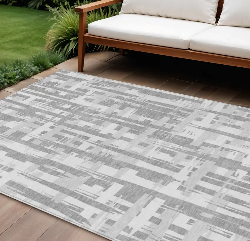 Gray Silver And Ivory Striped Washable Indoor Outdoor Area Rug Photo 2