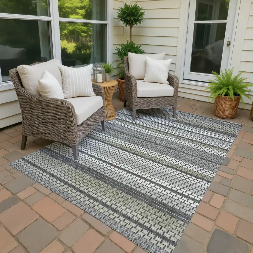 Gray Silver And Ivory Striped Washable Indoor Outdoor Area Rug Photo 3