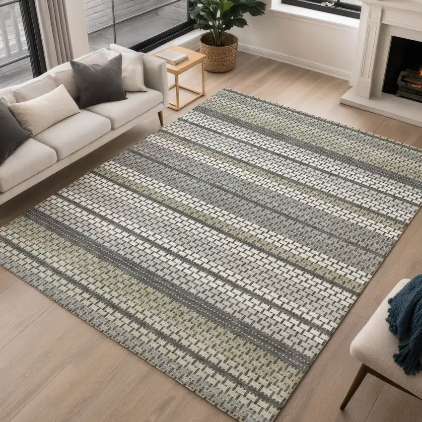 Gray Silver And Ivory Striped Washable Indoor Outdoor Area Rug Photo 3