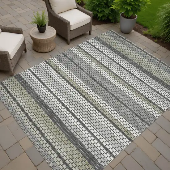 Gray Silver And Ivory Striped Washable Indoor Outdoor Area Rug Photo 5