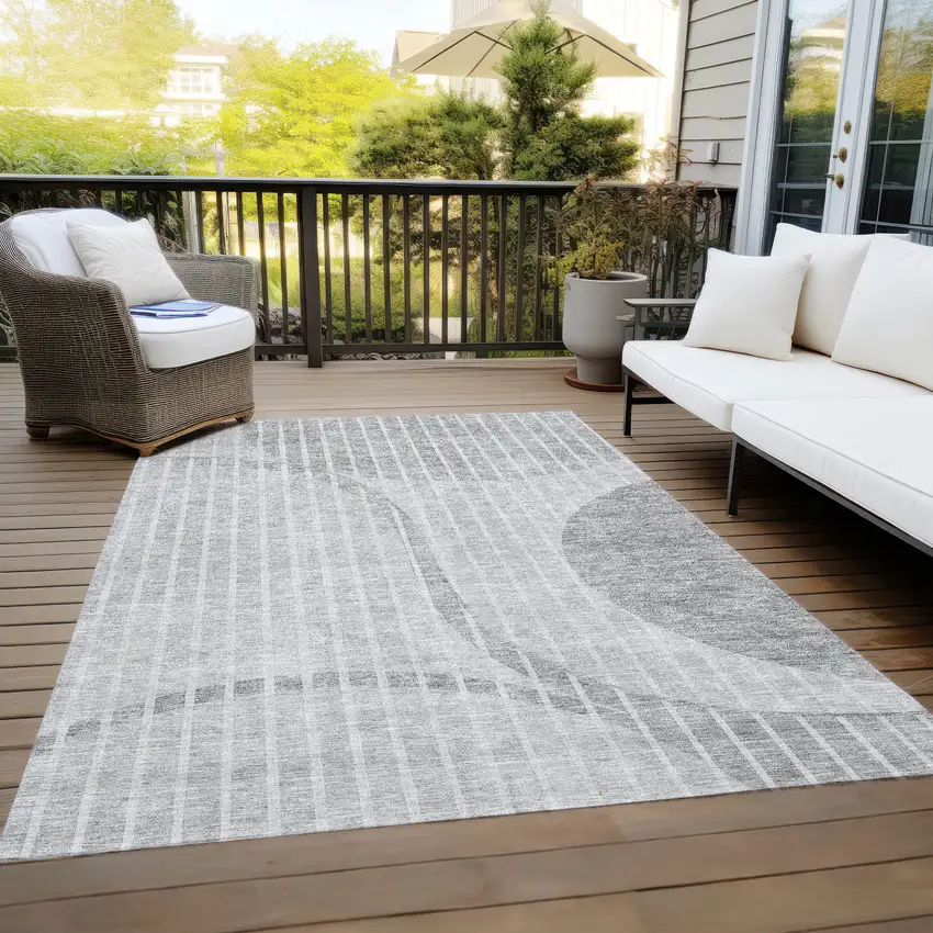 Gray Silver And Ivory Striped Washable Indoor Outdoor Area Rug Photo 8