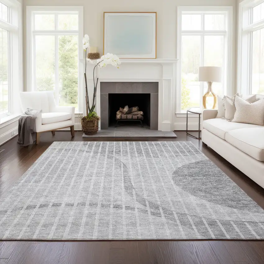 Gray Silver And Ivory Striped Washable Indoor Outdoor Area Rug Photo 6