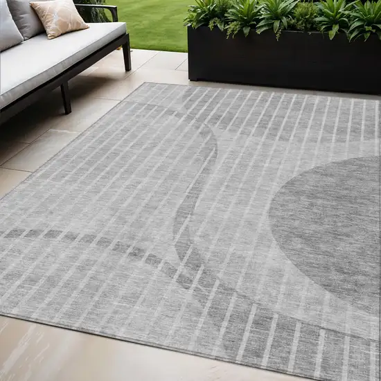 Gray Silver And Ivory Striped Washable Indoor Outdoor Area Rug Photo 1