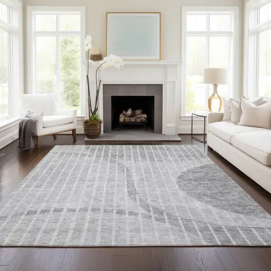 Gray Silver And Ivory Striped Washable Indoor Outdoor Area Rug Photo 8