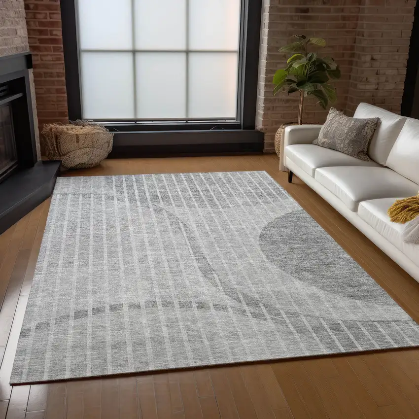 Gray Silver And Ivory Striped Washable Indoor Outdoor Area Rug Photo 8
