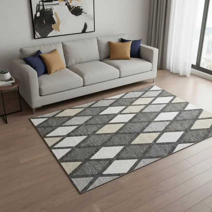 Gray Silver And Tan Geometric Washable Area Rug With UV Protection Photo 2