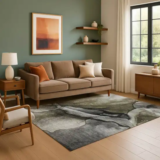 Gray Silver And Taupe Abstract Washable Area Rug With UV Protection Photo 5