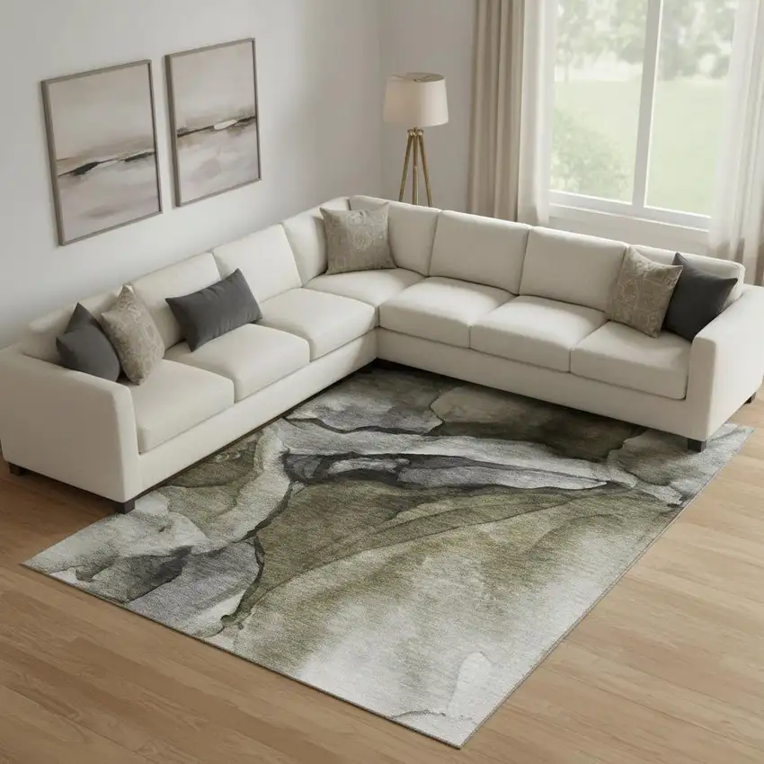 Gray Silver And Taupe Abstract Washable Area Rug With UV Protection Photo 2