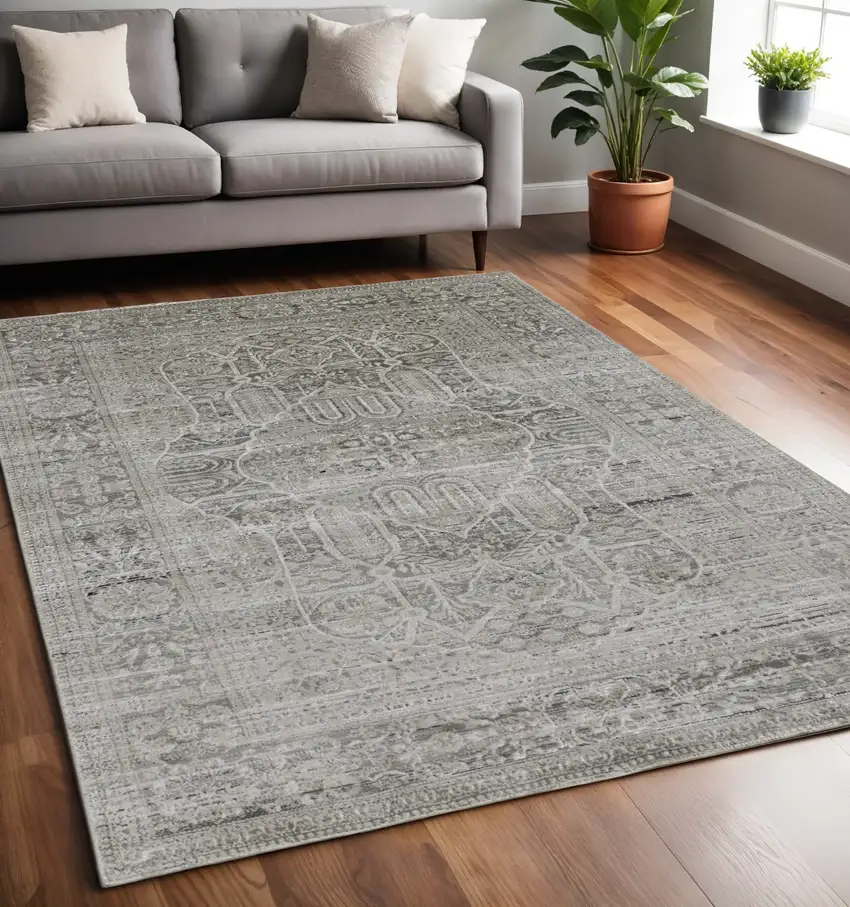 Gray and Ivory Floral Power Loom Distressed Non Skid Area Rug Photo 1