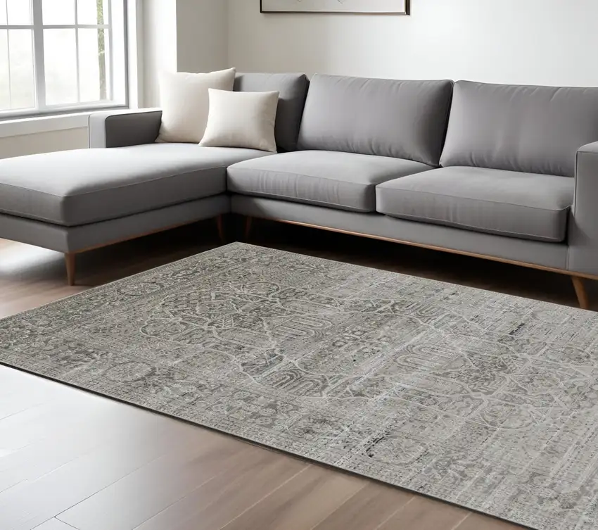 Gray and Ivory Floral Power Loom Distressed Non Skid Area Rug Photo 1