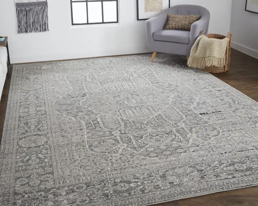 Gray Silver And Taupe Floral Power Loom Distressed Area Rug Photo 6