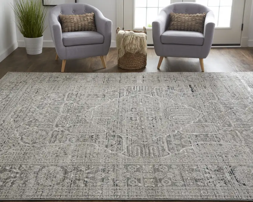 Gray Silver And Taupe Floral Power Loom Distressed Area Rug Photo 7