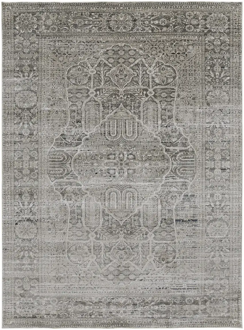 Gray Silver And Taupe Floral Power Loom Distressed Area Rug Photo 1