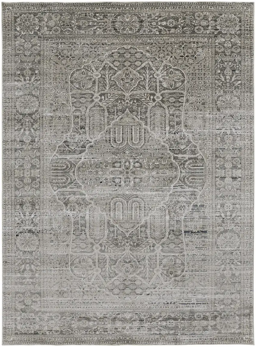 Gray Silver And Taupe Floral Power Loom Distressed Area Rug Photo 1