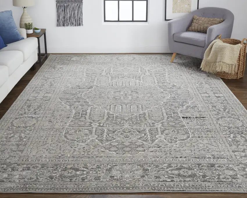 Gray Silver And Taupe Floral Power Loom Distressed Area Rug Photo 5