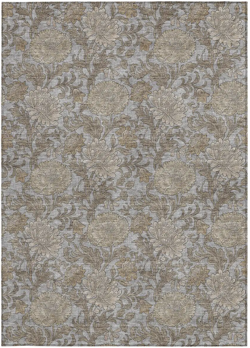 Gray Silver And Taupe Floral Washable Indoor Outdoor Area Rug Photo 8