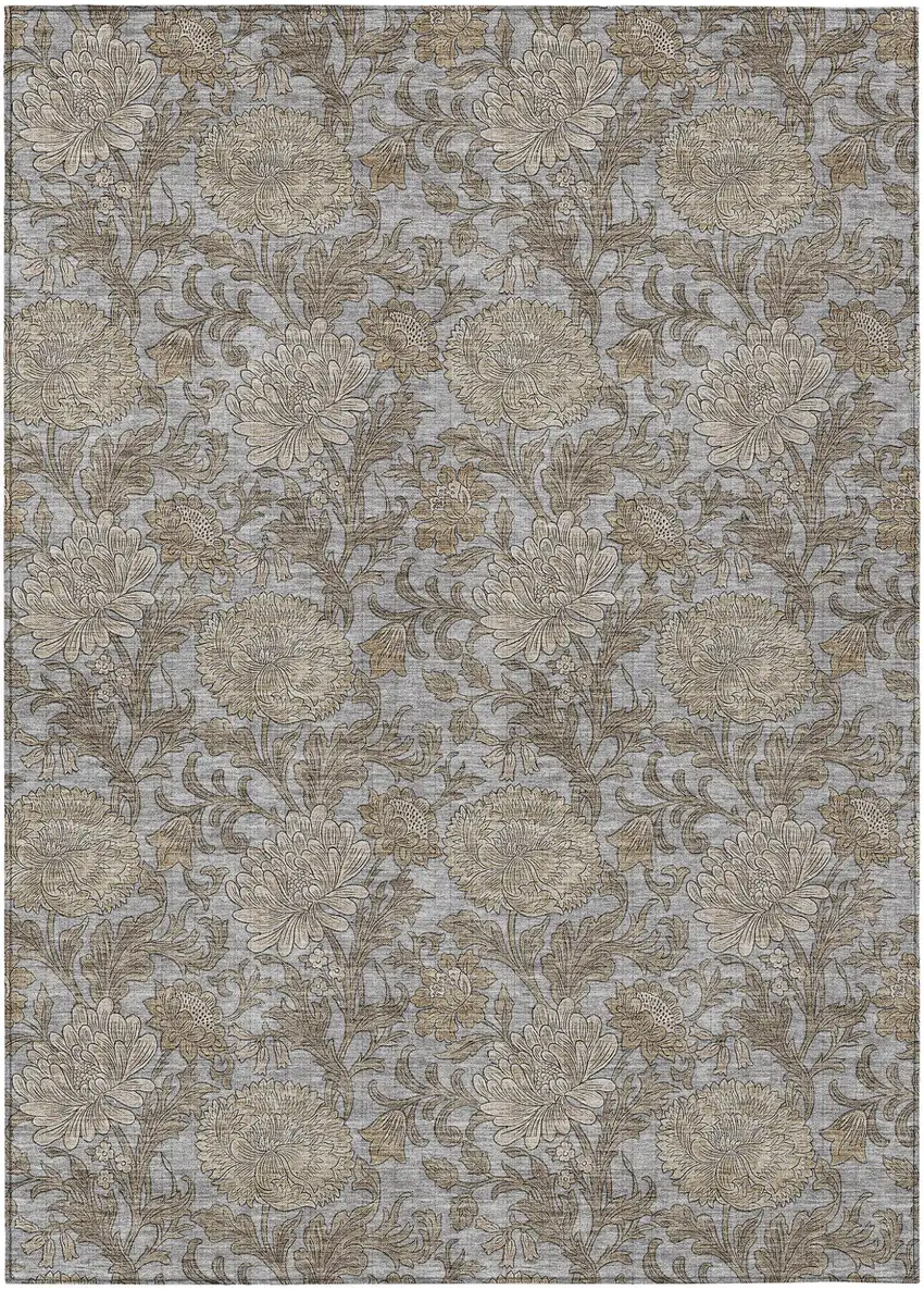 Gray Silver And Taupe Floral Washable Indoor Outdoor Area Rug Photo 2