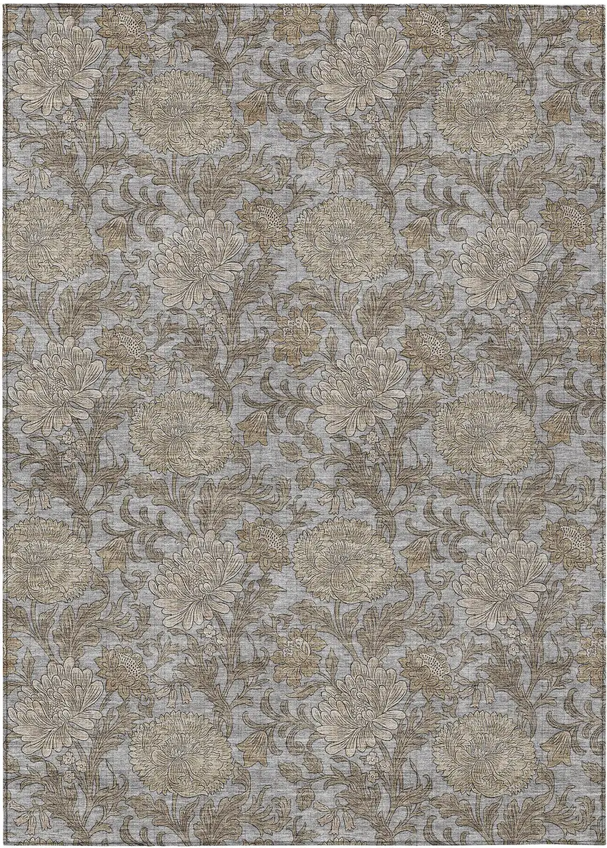 Gray Silver And Taupe Floral Washable Indoor Outdoor Area Rug Photo 2