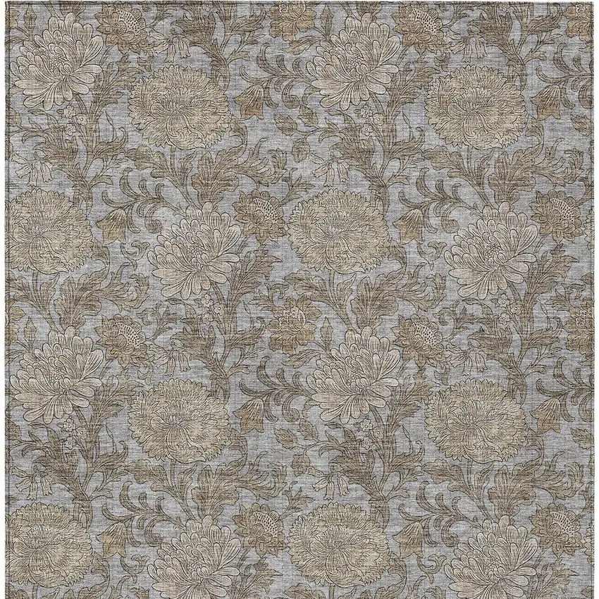 Gray Silver And Taupe Floral Washable Indoor Outdoor Area Rug Photo 7