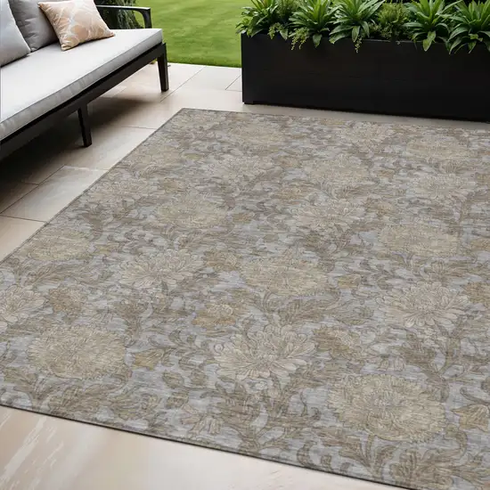 Gray Silver And Taupe Floral Washable Indoor Outdoor Area Rug Photo 1