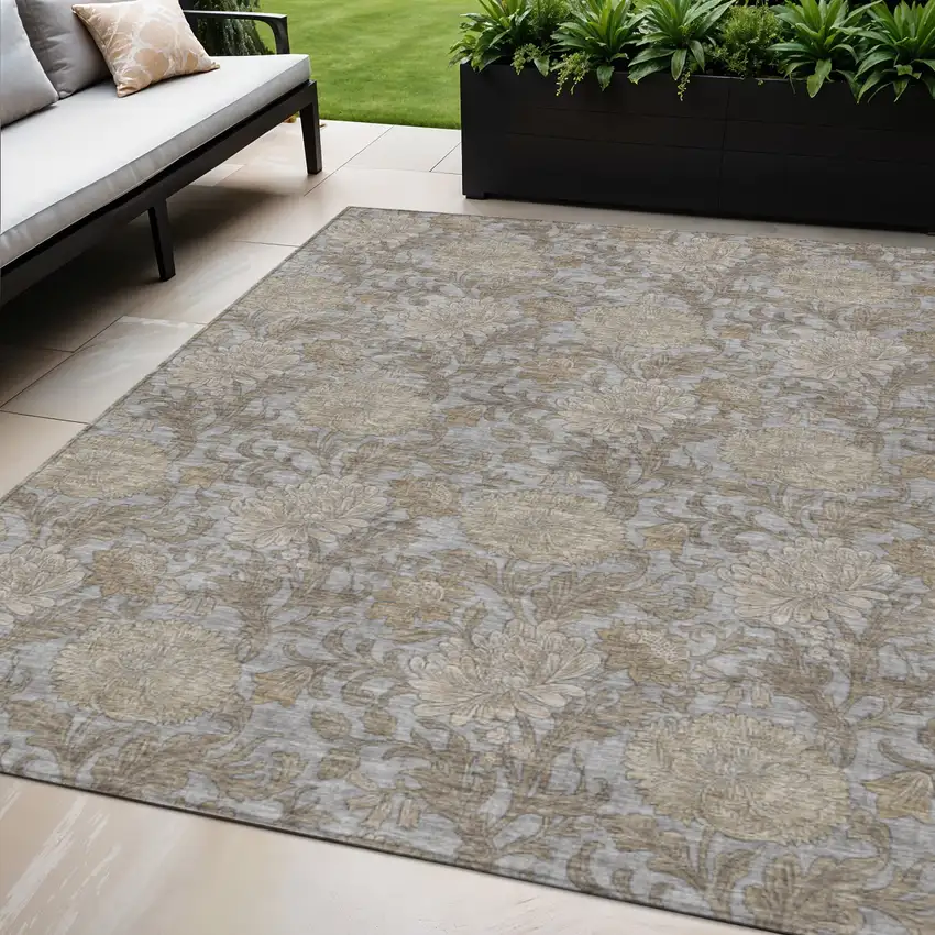 Gray Silver And Taupe Floral Washable Indoor Outdoor Area Rug Photo 1
