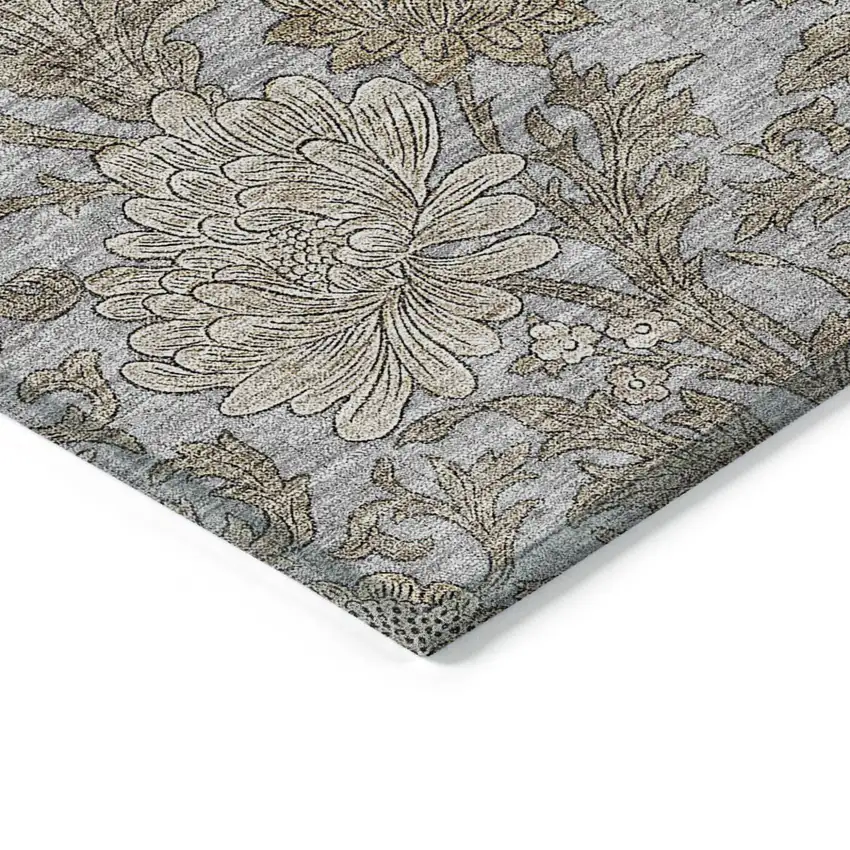Gray Silver And Taupe Floral Washable Indoor Outdoor Area Rug Photo 5