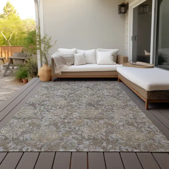 Gray Silver And Taupe Floral Washable Indoor Outdoor Area Rug Photo 9